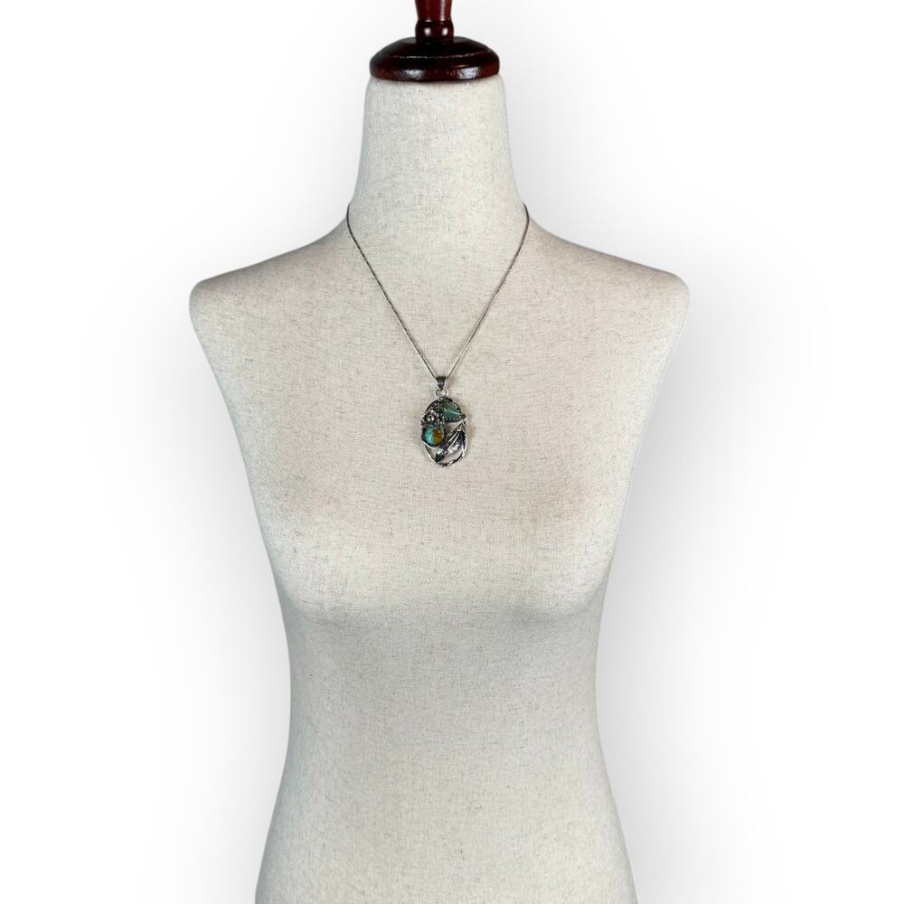 Vintage Y2K Sterling Silver Turquoise Jade Oval Native American Pendant Necklace - Picture 3 of 7